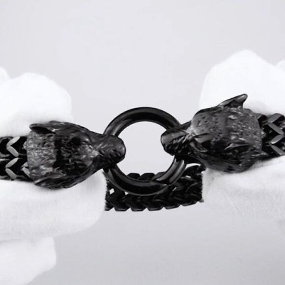Men’s Black Thick Wolf Head Link Chain Bracelet - Picture 8 of 10